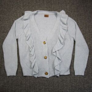 Pol Kelli Ruffle Cardigan Women L‎ Blue Knit Rabbit Hair Wool Button Up Sweater